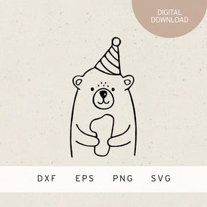 Arquivo plotador | 1 ano | Urso com chapéu de festa | SVG | DXF | PNG | Eps | primeira festa de aniversário | 1º aniversário dos filhos | Aniversário bebê urso