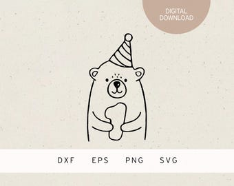 Plotter file | 1 year | bear with party hat | SVG | DXF | PNG | Eps | first birthday party | 1st children's birthday | birthday baby bear