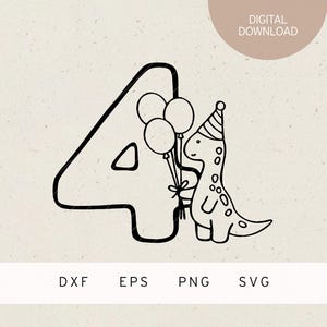 Plotterdatei | 4 | Dino mit Partyhut und Luftballons | SVG | DXF | PNG | Eps | Kindergeburtstag | Dinosaurier | 4. Geburtstag Einladung