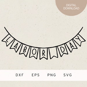 Könnte beinhalten: Schwarz-weiß-Linienkunst-Illustration eines Banners mit dem Text "LABOR DAY" in einer einfachen, handgeschriebenen Schrift.