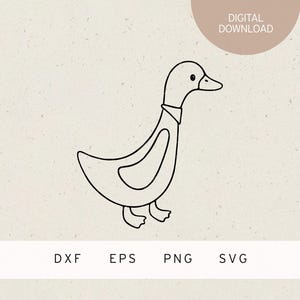Può includere: Un disegno a tratto nero e bianco di un'oca con un colletto. L'immagine presenta le parole "DOWNLOAD DIGITALE" in un cerchio in alto e i tipi di file DXF, EPS, PNG e SVG in basso.
