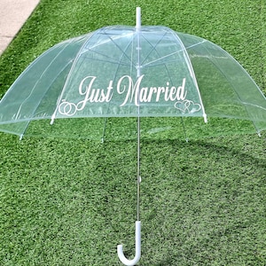 Just Married Wedding Umbrella Bride & Groom Umbrella Personalised Clear Umbrella, Bubble Umbrella Custom Dome Umbrella Couples Gift Parasol image 1