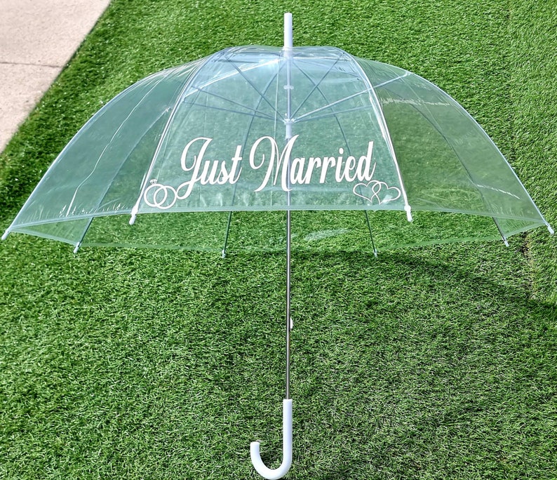 Just Married Wedding Umbrella Bride & Groom Umbrella Personalised Clear Umbrella, Bubble Umbrella Custom Dome Umbrella Couples Gift Parasol image 1