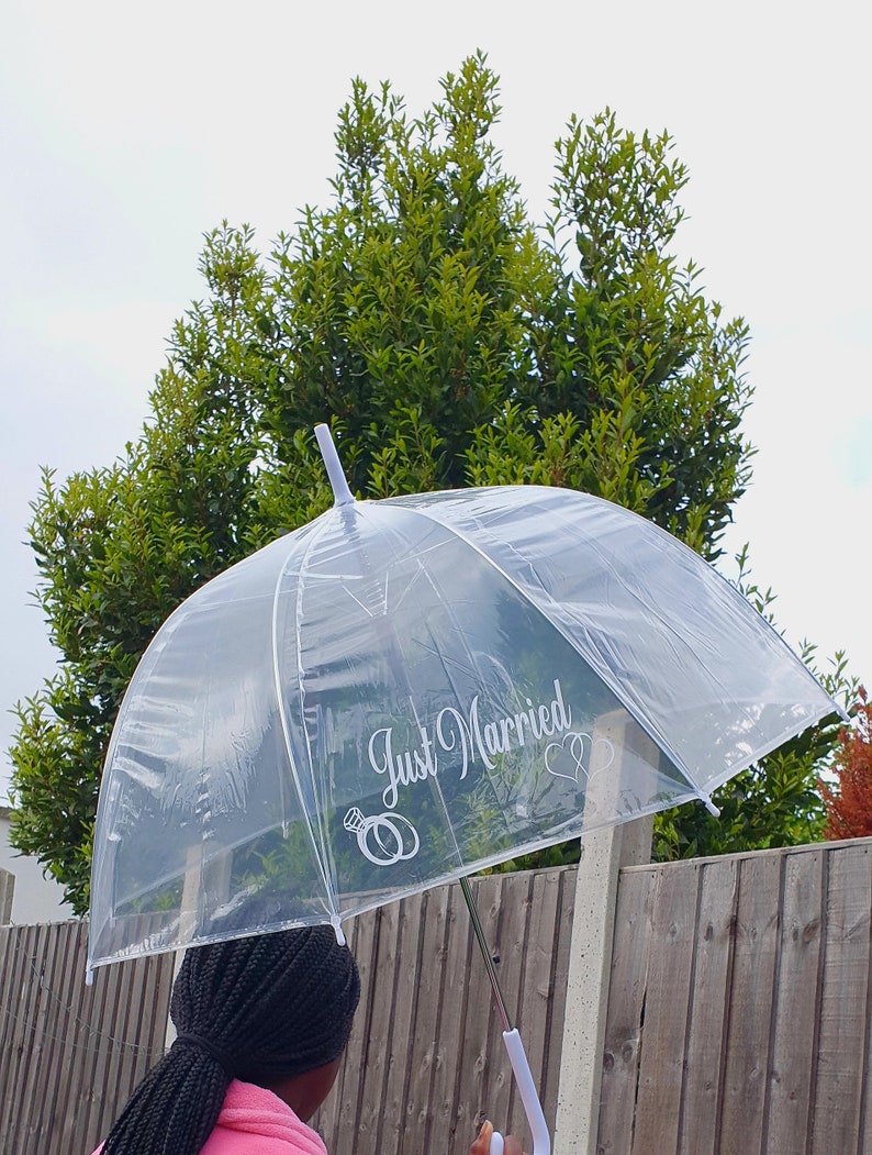Just Married Wedding Umbrella Bride & Groom Umbrella Personalised Clear Umbrella, Bubble Umbrella Custom Dome Umbrella Couples Gift Parasol image 4