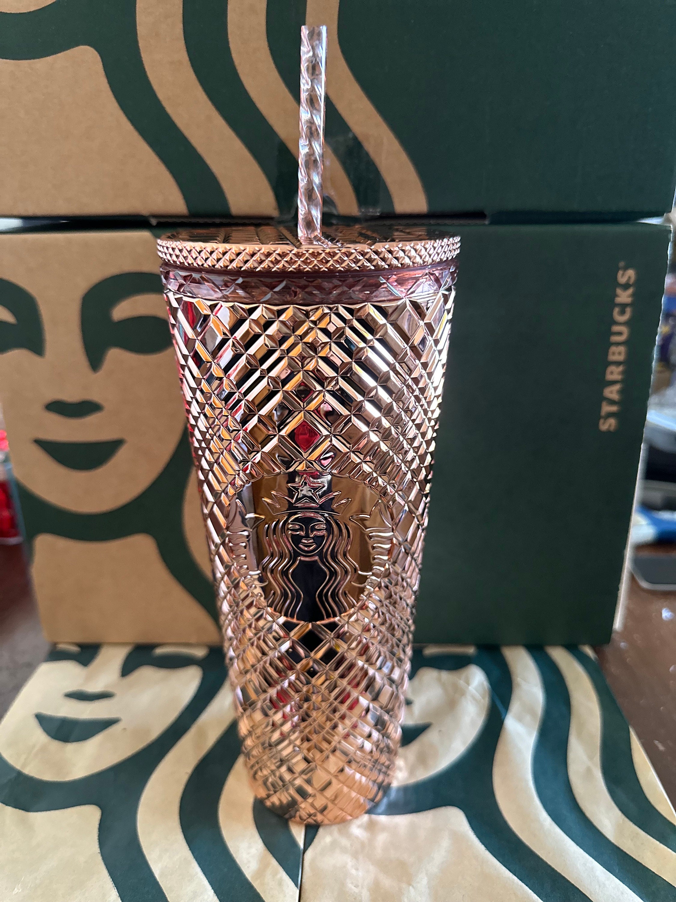 Starbucks 2023 Summer Pink Rose Gold Jewel Diamond Tumbler Cold Cup 24oz