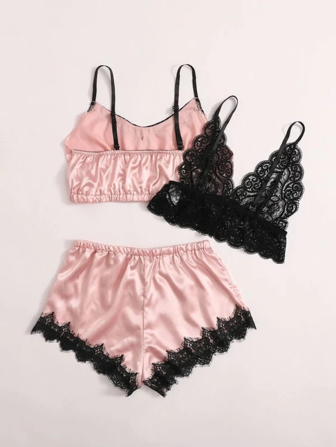 3 Piece Satin and Lace Bralette and Boy Short Set Etsy