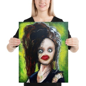 May include: A canvas print depicting a stylized portrait with exaggerated features. The artwork shows a pale face, large red lips, and wide, staring eyes. The background is a vibrant green, and the person is wearing a black top.