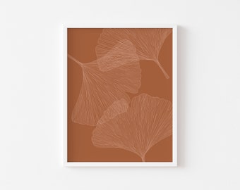 Ginkgo Leaf Digital Print, Rust & Pink Botanical Printable Poster, Modern Boho Instant Download Wall Art, Large Contemporary Home Decor