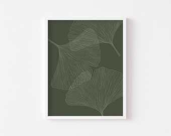 Green Ginkgo Leaf Botanical Digital Print Poster, Modern Minimalist Instant Download, Large Wall Art Printable, Contemporary Home Decor