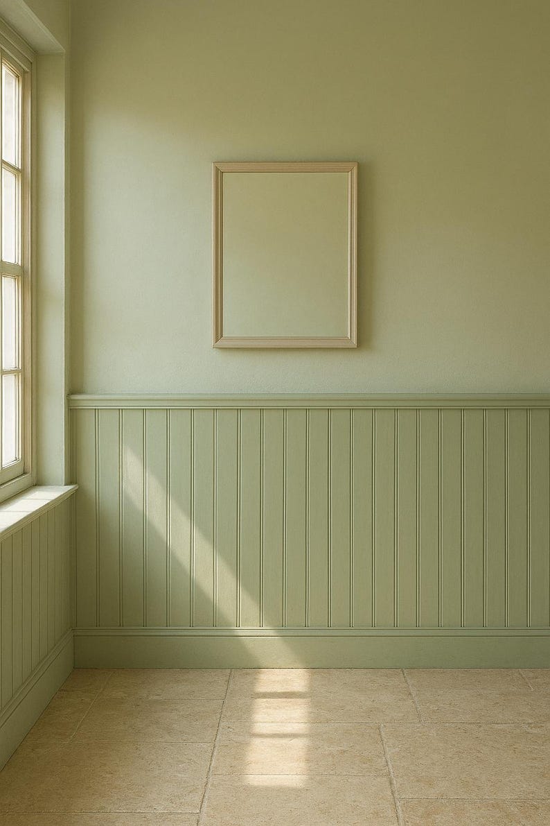 May include: A light green room with a framed mirror hanging on the wall. The lower half of the wall features vertical paneling. A window is visible on the left side, and the floor is tiled. Sunlight streams in from the window.