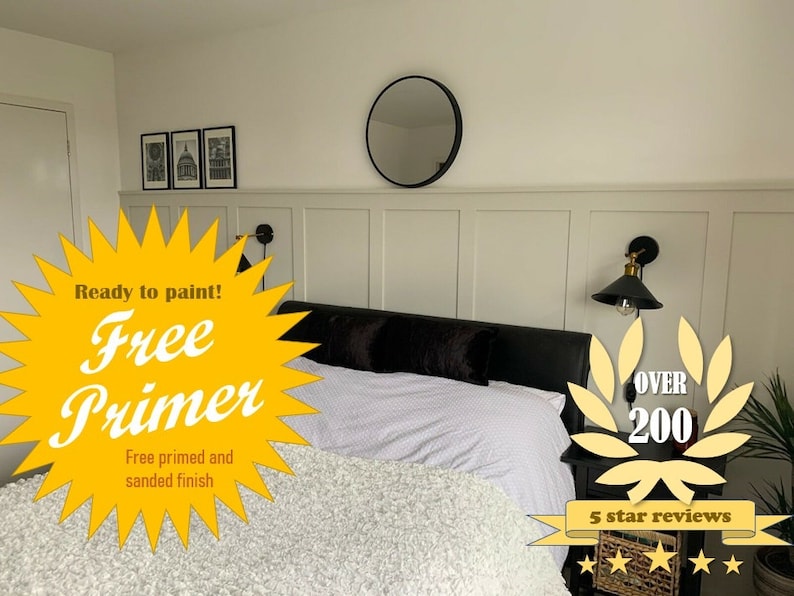 May include: A white bedroom with a bed, a mirror, and two wall sconces. The bed has a white duvet and a black headboard. The mirror is round and has a black frame. The wall sconces are black and have gold accents. The text "Ready to paint! Free Primer Free primed and sanded finish" is in a yellow starburst shape. The text "OVER 200 5 star reviews" is in a yellow wreath shape with five gold stars.