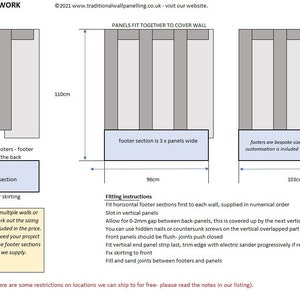 May include: Diagram showing how to install back-boarded 'L' panels to cover a wall. The diagram shows the panels fitting together with a 2 cm overlap. The panels are 12 cm wide and 133 cm high. The diagram also shows the footer section, which is horizontally mounted and fits to the floor or skirting. The footer section is 3.6 cm wide and 96 cm long. The diagram also shows the vertical end strips, which are supplied with the panels. The vertical end strips are 5 cm wide and 76 cm high. The diagram also shows a close-up of a finished panel with four raised panels.