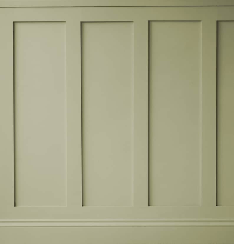 May include: A wall with vertical wood paneling painted in a light sage green color.