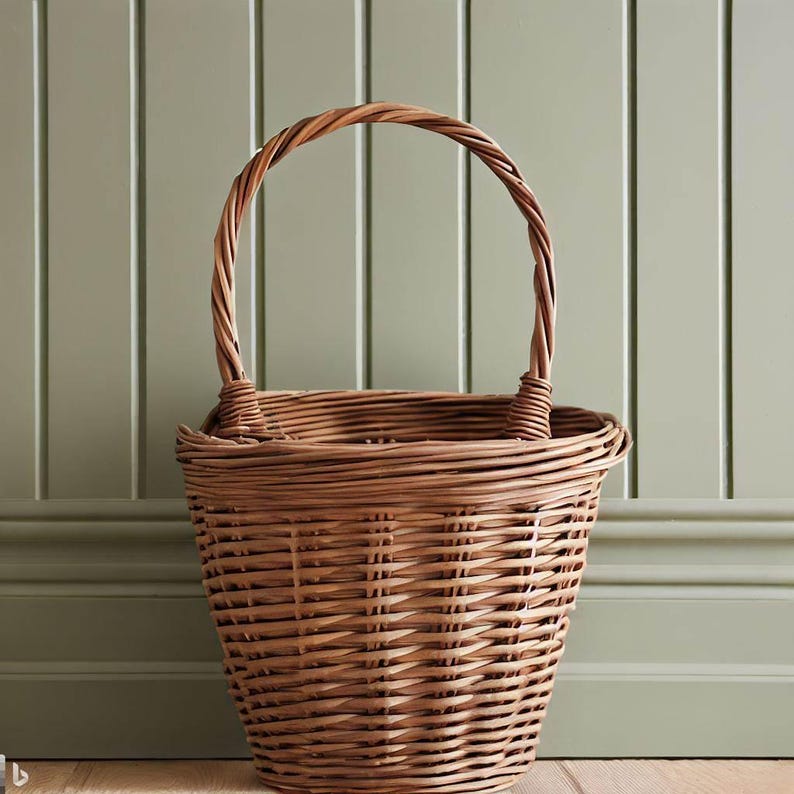 May include: A woven wicker basket with a rounded base and a tall, arched handle. The basket is a warm brown color and has a textured surface. The handle is made of twisted wicker. The basket is empty and sits against a light green wall.
