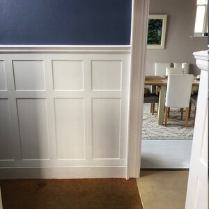 May include: A white wainscoting paneling with a dark blue painted wall above. The paneling has a raised design with a square pattern. The paneling is in a hallway with a brown carpet and a doorway leading to another room.