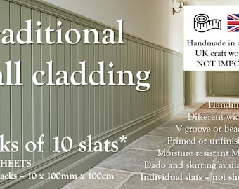 Handmade Traditional Wall Cladding | V Groove or Beaded MDF Panelling | Bespoke Slat Sizing Available