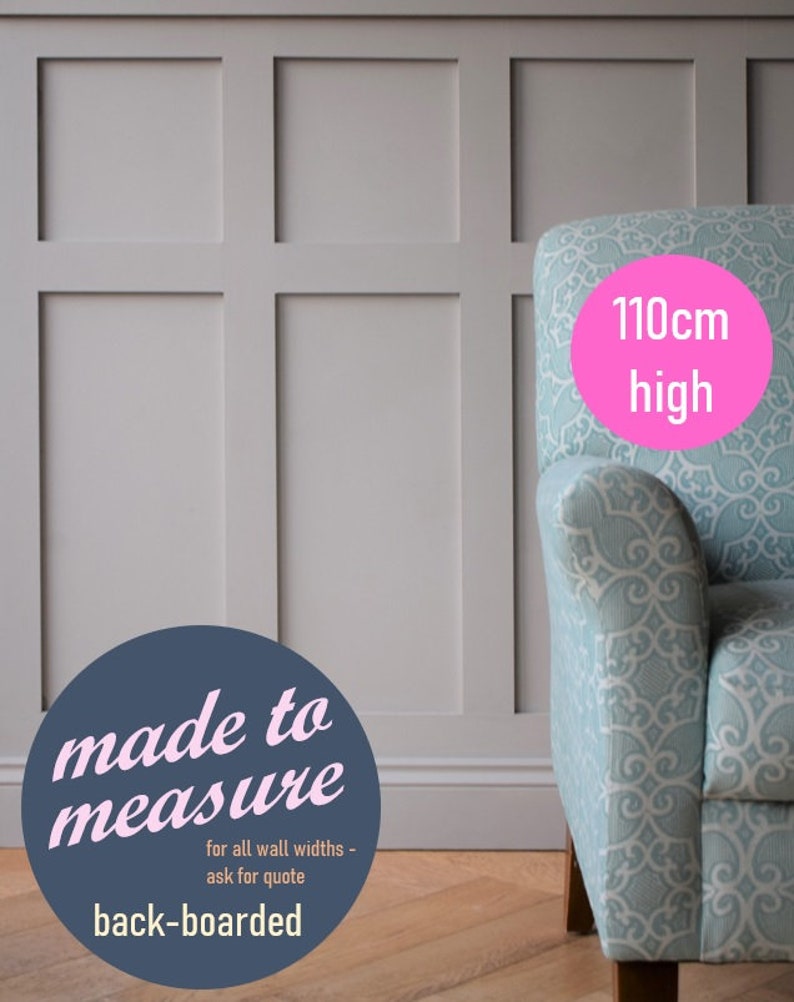 May include: A blue armchair with a white and blue patterned fabric. The chair is 110 cm high and is made to measure. The text "made to measure" and "back-boarded" is on a blue circle.