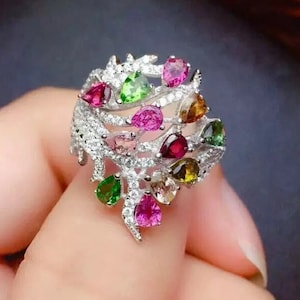 Natural Multi Color Tourmaline Ring, 925 Sterling Silver, Engagement Ring, Tourmaline Ring, Wedding & Luxury Ring, Pear Cut Ring, Ring/Band,