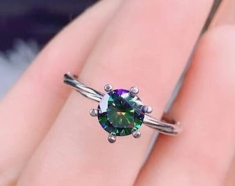 Green Moissanite Ring, 925 Sterling Silver, 1 Cr. Moissanite Ring, Engagement Ring,Wedding Ring, Round Moissanite Ring, Gift for Her, Rings,