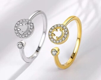 Anello Mosan Diamond Smile Face, argento sterling 925, anello fatto a mano, anello in argento sterling, anello impilabile, regalo per lei, anello con emoji sorridente