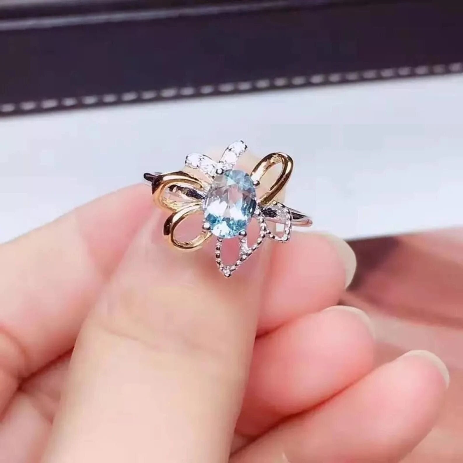 天然アクアマリンリング、925スターリングシルバーリング、アクア 