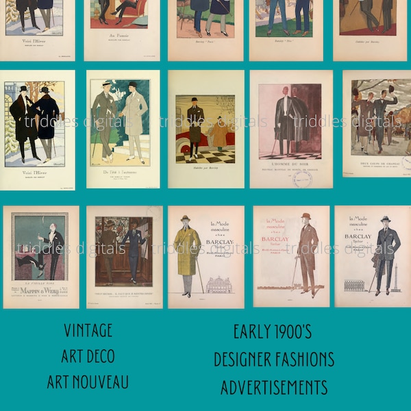 Men Vintage Art Deco Nouveau Fashion Images 15 PRINTABLE Digital Download PNG JPG Pdf Early 1900's Ads Collage Decor Journal Victorian