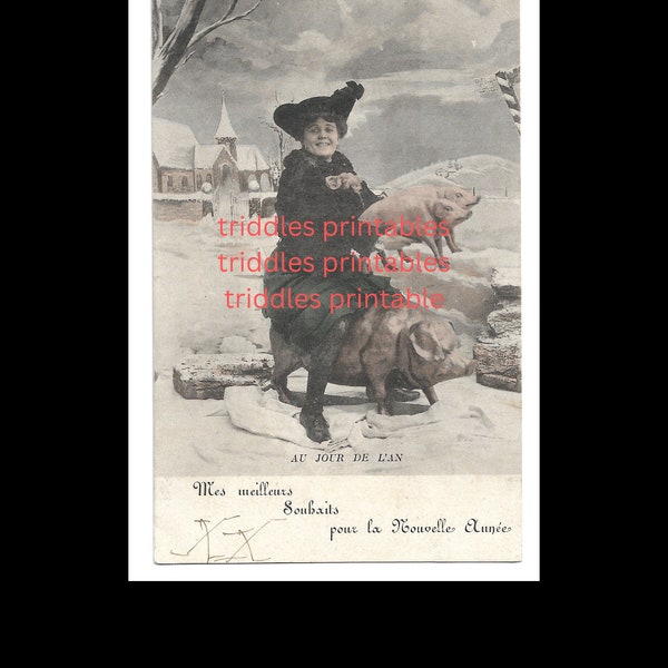 Vintage Lady on Hog Holding Pig RPPC Real People Post Card Printable DIGITAL DOWNLOAD French Paris early 1900s Victorian Hat Happy New Year