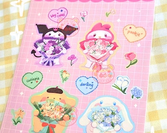 Foglio di adesivi con bouquet di personaggi kawaii: adesivi lucidi resistenti alle intemperie