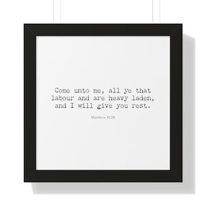 Matthew 11:28 KJV Scripture Art Print | Come Unto Me Christian Wall Decor | Framed Bible Verse Artwork | Religious Home Decor