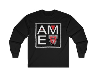 May include: Black long-sleeve t-shirt with a white graphic of the letters "AME" in a box with a red triangle and a crest with a cross and the word "Methodist" inside.
