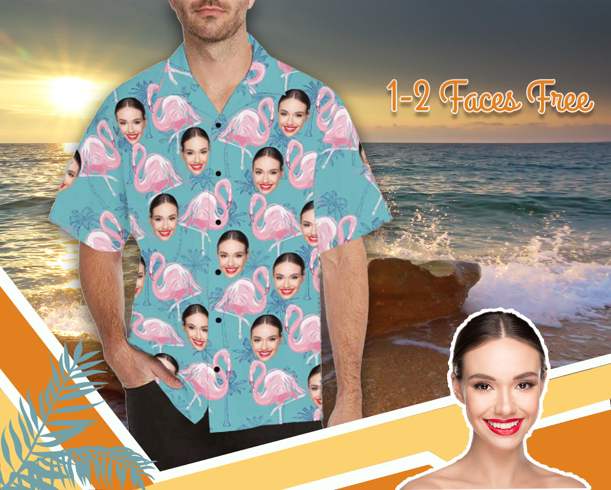 Custom Face Hawaiian Shirt Flamingo Leaves Pattern Etsy