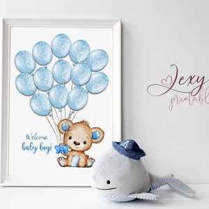 TÉLÉCHARGEMENT INSTANTANÉ Baby Shower Livre d'or Alternative en bleu, Bienvenue bébé garçon, Ours en peluche aquarelle avec ballons Art imprimable