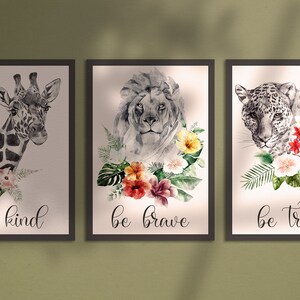 Druckbare Spruch Poster - 3er Set Aquarell Floral Tier Poster Gerahmt werden - Be Kind, Be Brave, Be True