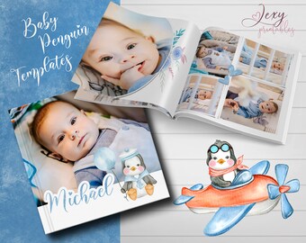 12x24 Pingüino de acuarela, floral, niño, plantilla de álbum de fotos multiusos azul, plantilla de fotolibro de Photoshop para fotógrafos