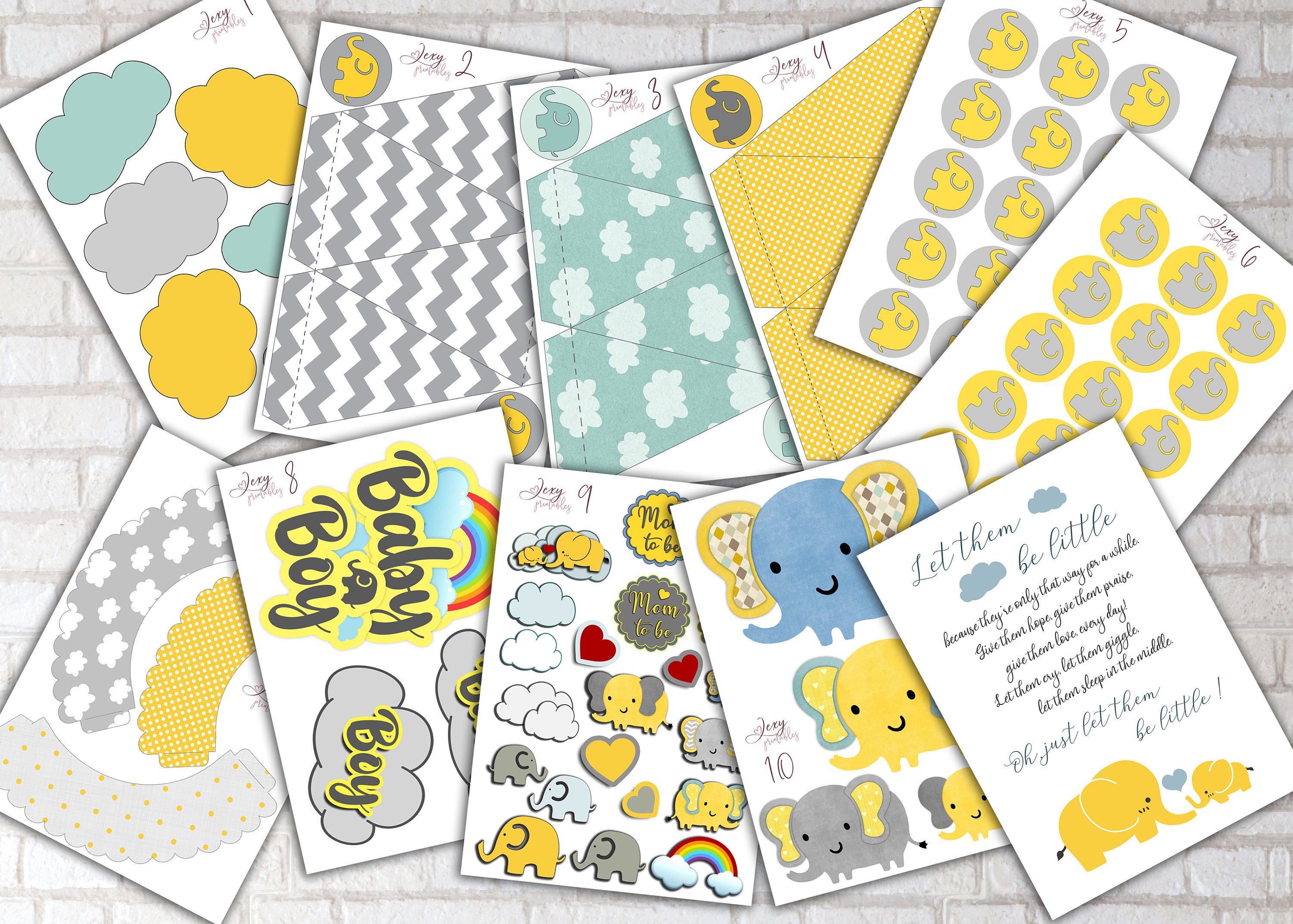 Elephants Printable Baby Shower Party Decorations Blue, Grey, Yellow ...