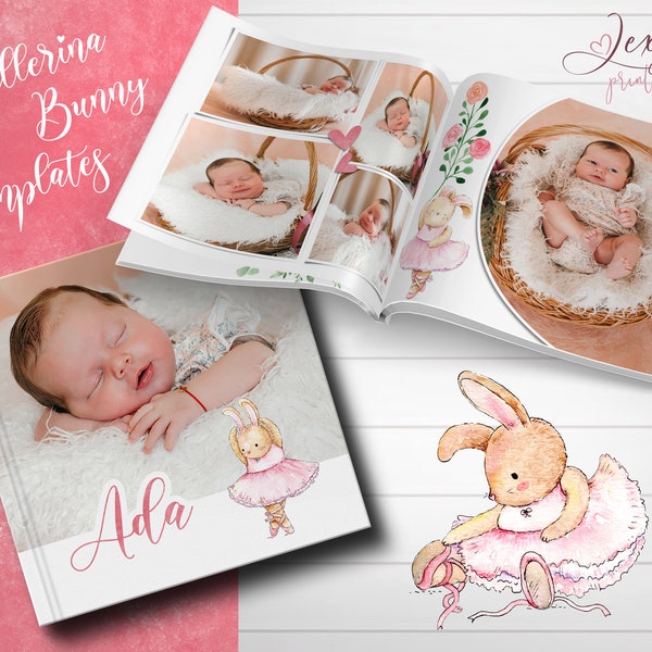 12x24 Watercolor Bunny Ballerina, Floral, Baby Girl, Pink Multi-Purpose Photo Album Template, Photoshop PhotoBook Template for Photographers