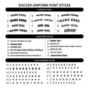 May include: A black and white graphic showcasing soccer uniform font styles. The image displays curved and plain font styles for names and numbers, with examples like "NAME HERE" and various number sets.