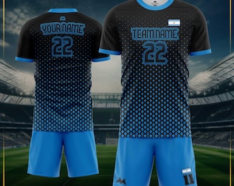 May include: A black and blue soccer uniform set. The jersey has a diamond pattern and the number 22. The shorts are solid blue. The jersey has the text "TEAMNAME" and the Argentinian flag.