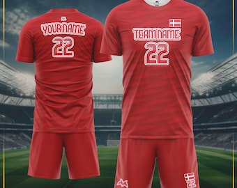 Custom Denemarken voetbaluniform: gepersonaliseerde set jersey en shorts