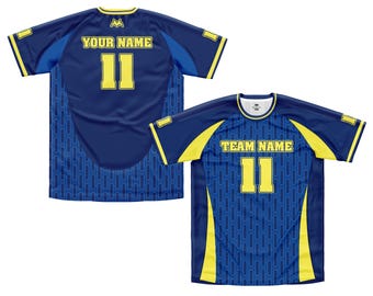 May include: Two navy blue and yellow soccer jerseys. The jerseys have the number 11 in yellow on the front and back. The back of one jersey says "YOUR NAME" and the front of the other says "TEAM NAME".