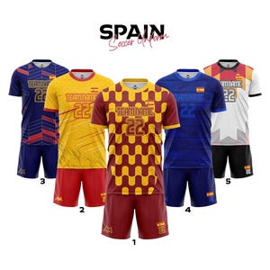 May include: Five soccer uniforms in various designs and colors, including navy blue, yellow, and burgundy. Each jersey has the number 22 and the text "TEAM NAME". The word "SPAIN" is at the top.