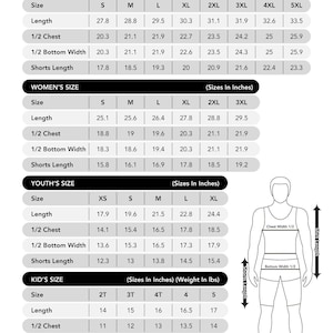 May include: Soccer uniform size chart with measurements in inches for men's, women's, youth's, and kid's sizes. Includes size, length, chest width, bottom width, and shorts length. Also includes suggested weight for kid's sizes.