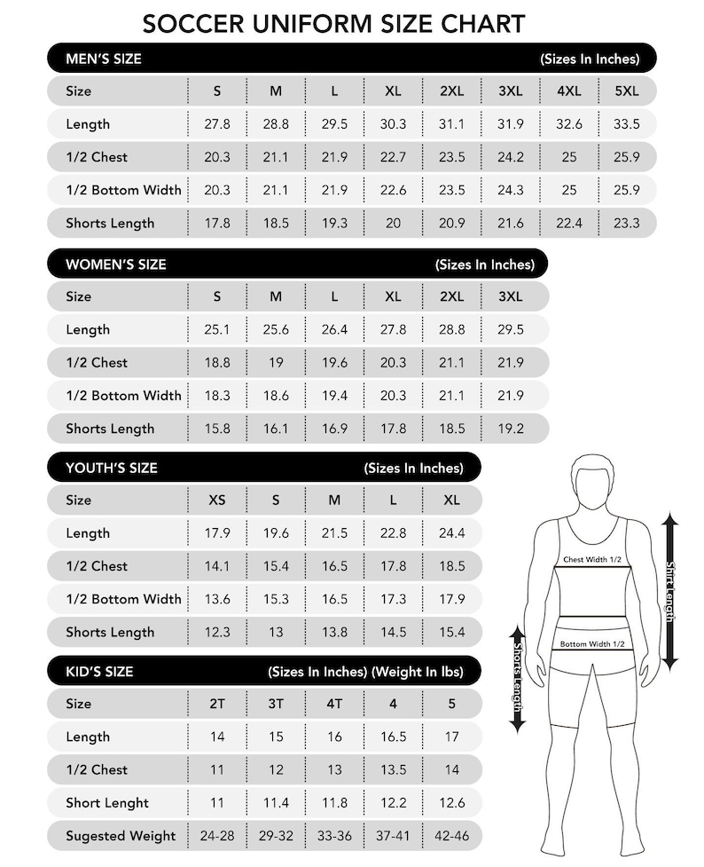 May include: Soccer uniform size chart with measurements in inches for men's, women's, youth's, and kid's sizes. Includes size, length, chest width, bottom width, and shorts length. Also includes suggested weight for kid's sizes.