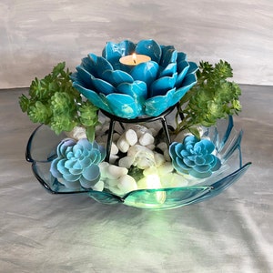 Lotus Flower Teal Blue Ceramic Tabletop Desk Water Fountain