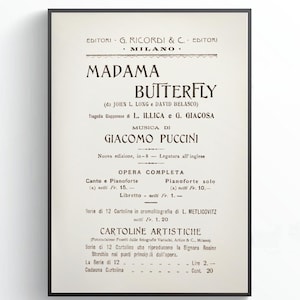 Giacomo Puccini's Madame Butterfly concert libretto art print, INSTANT DOWNLOAD, Musician Gift, 1920 Opera Poster, Music Room Decor