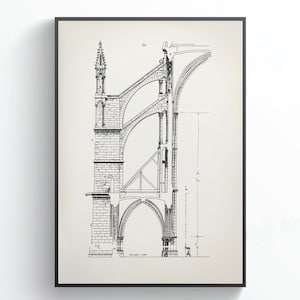 Peut inclure: Plan architectural encadré d'une section de cathédrale. Le dessin en noir et blanc montre les arches, les contreforts et les détails structurels du bâtiment. L'impression est dans un cadre noir et accrochée à un mur blanc.