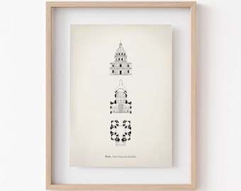 Peut inclure: Un dessin architectural en noir et blanc du Panthéon à Rome, en Italie. Le dessin montre le bâtiment sous trois perspectives différentes : l'extérieur, l'intérieur et le plan. Le texte sous le dessin indique "Plan.  Santa Maria ad Martyres".