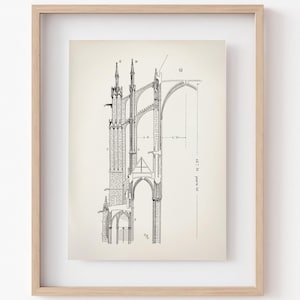 Peut inclure: Un dessin au trait noir et blanc d'une coupe transversale d'une cathédrale gothique, montrant la structure complexe des arches et des supports. Le dessin est étiqueté avec des chiffres et des lettres, indiquant différentes parties du bâtiment.