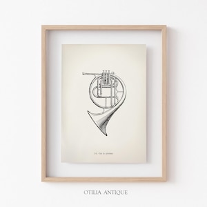 Vintage French Horn Art PRINTABLE, Unique Gift for Musician, Musical Instrument Poster, Wind Section Decor, Chamber Music, Antique Trumpet