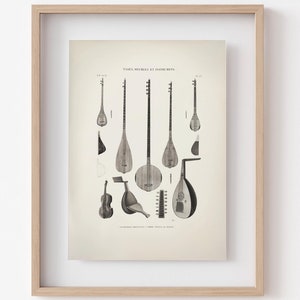Può includere: Un'illustrazione vintage in bianco e nero di vari strumenti musicali turchi, tra cui il saz, l'oud e il tanbur. L'immagine è intitolata "VARIA MUSICA ET INSTRUMENTA".